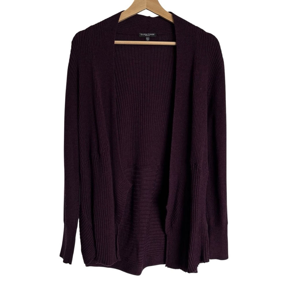 Eileen Fisher 100% Merino Wool Open Front Cardigan Burgundy 1X